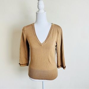 VTG Brown Silk Knit V-Neck Bow Embellished 3/4 Sleeve Sweater
